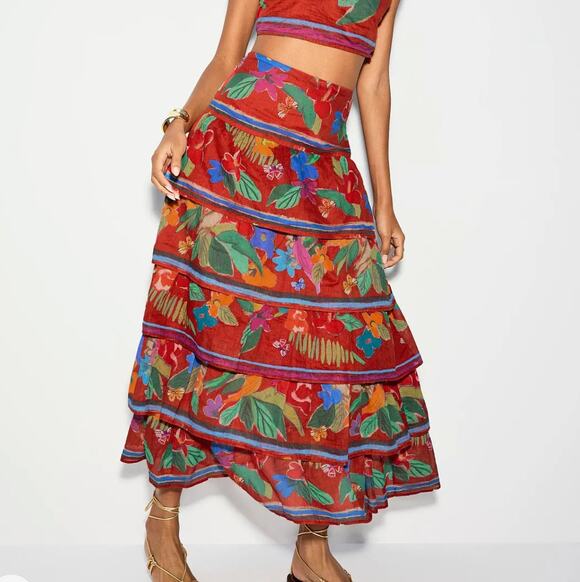 Marie Oliver Dresses & Skirts - Marie Oliver Red Floral Tiered Ruffle Maxi Skirt SIZE 2 Boho Vacation Full $425